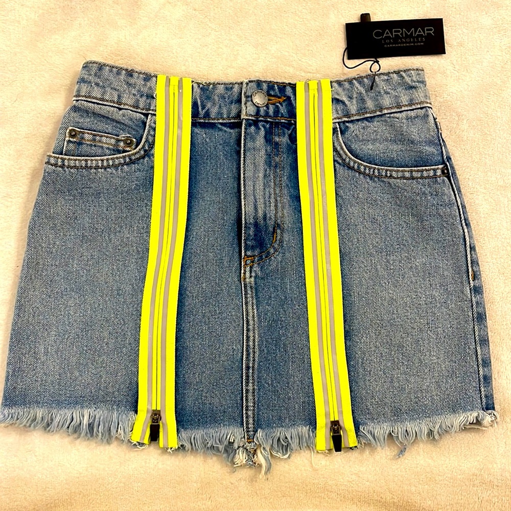 NWT $196 CARMAR LOS ANGELES DENIM SKIRT NEON ZIPPER